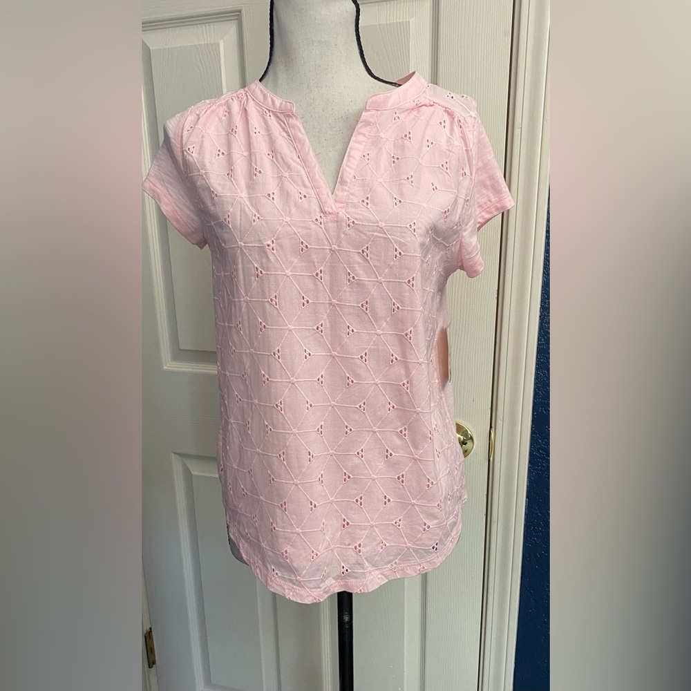 St. John's Bay Light Pink Eyelet Split-V Short Sleeve Blouse